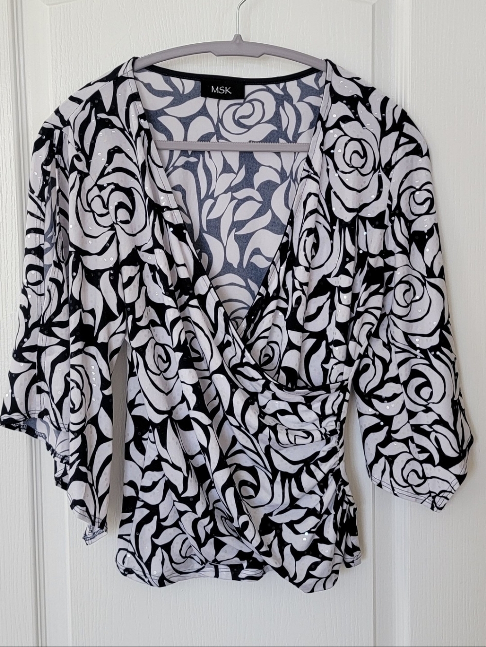 MSK 3/4 Sleeves,  Black & White Floral Wrap Blouse w/clear sequins. Size Med.